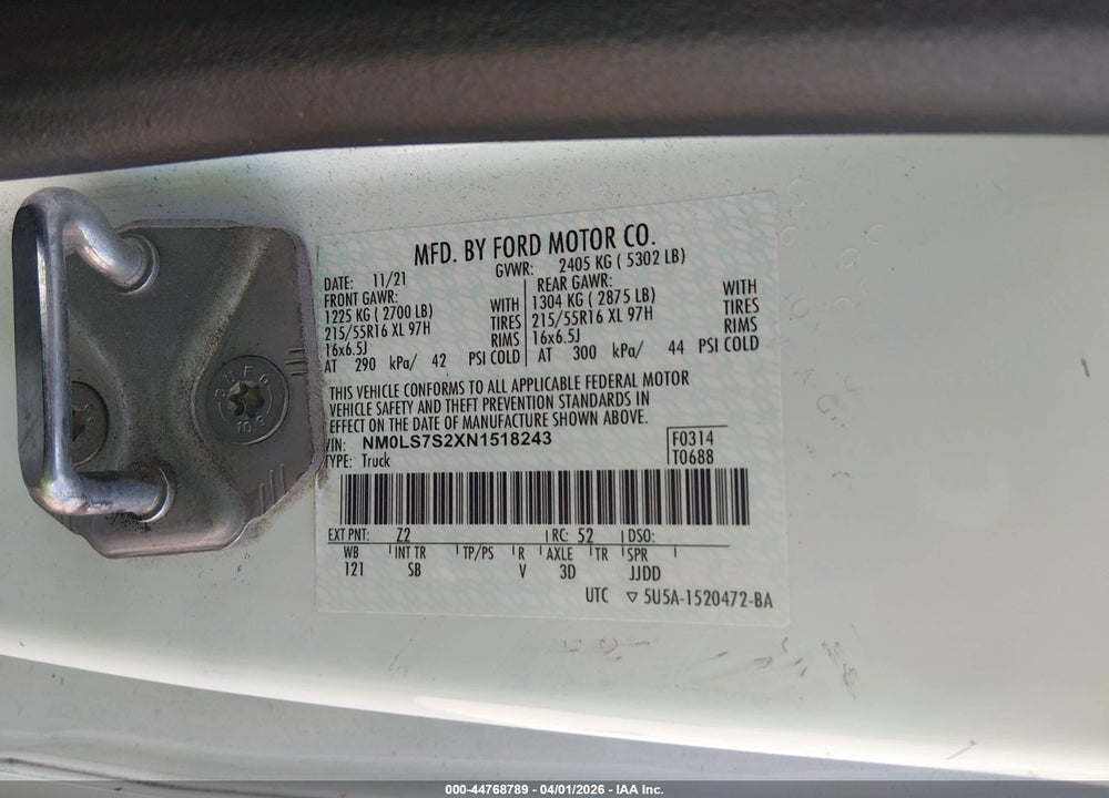 2022 FORD TRANSIT CONNECT XL VIN: NM0LS7S2XN1518243
