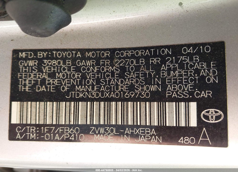 2010 TOYOTA PRIUS II VIN: JTDKN3DUXA0169730