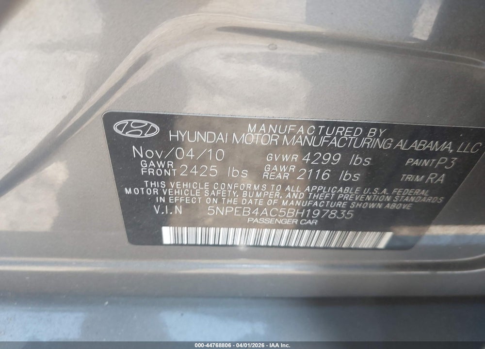 2011 HYUNDAI SONATA VIN: 5NPEB4AC5BH197835