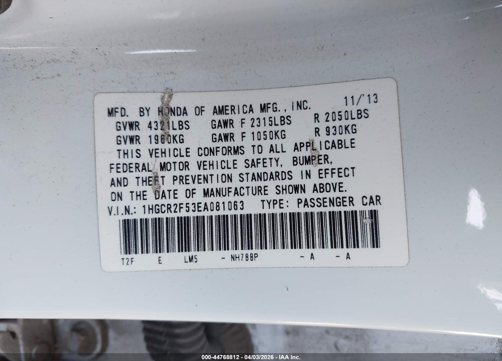 2014 HONDA ACCORD SPORT VIN: 1HGCR2F53EA081063