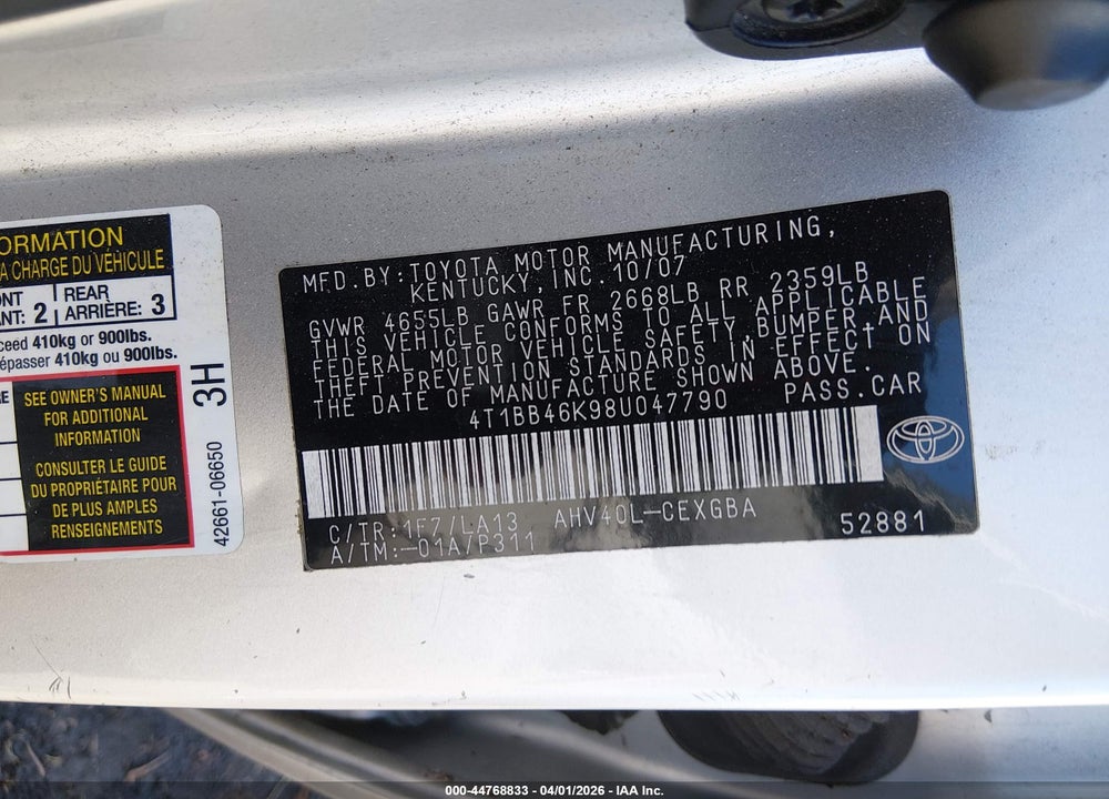 2008 TOYOTA CAMRY HYBRID VIN: 4T1BB46K98U047790