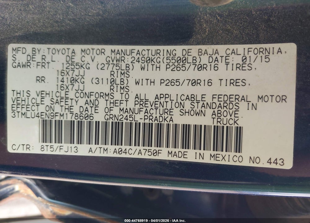 2015 TOYOTA TACOMA VIN: 3TMLU4EN9FM178606