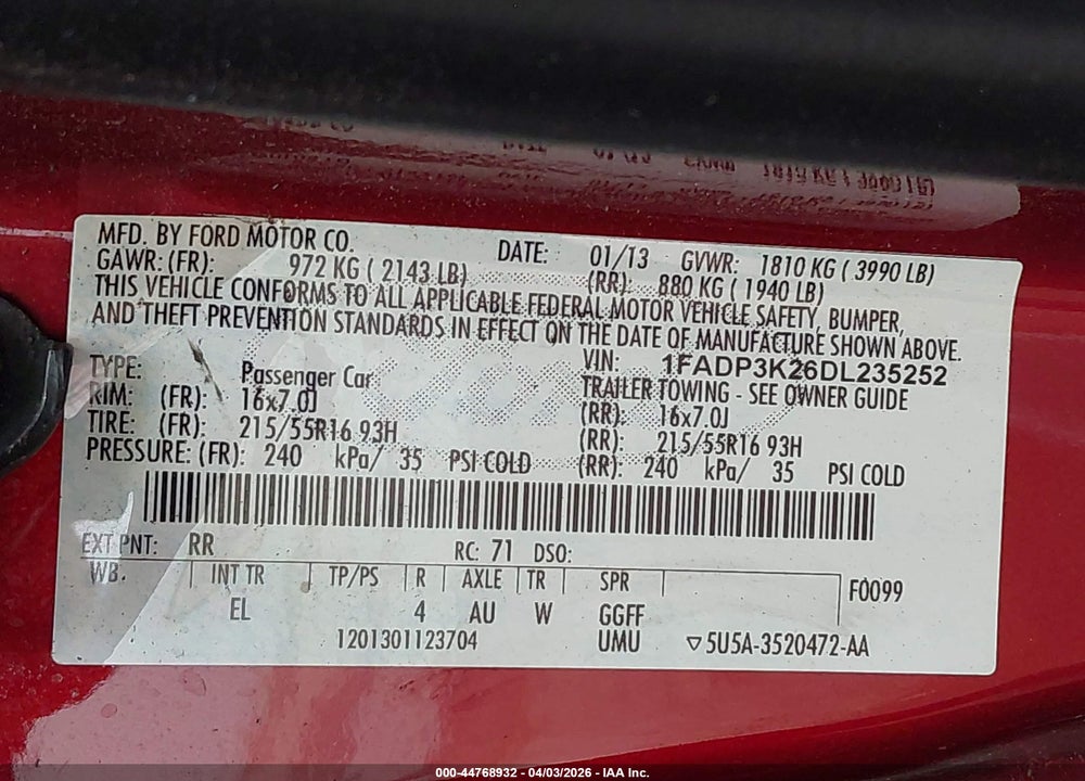 2013 FORD FOCUS SE VIN: 1FADP3K26DL235252