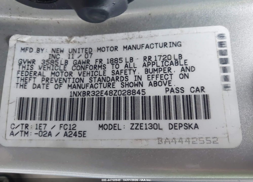2008 TOYOTA COROLLA S VIN: 1NXBR32E48Z028845