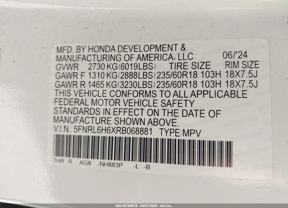 2024 HONDA ODYSSEY EX-L VIN: 5FNRL6H6XRB068881