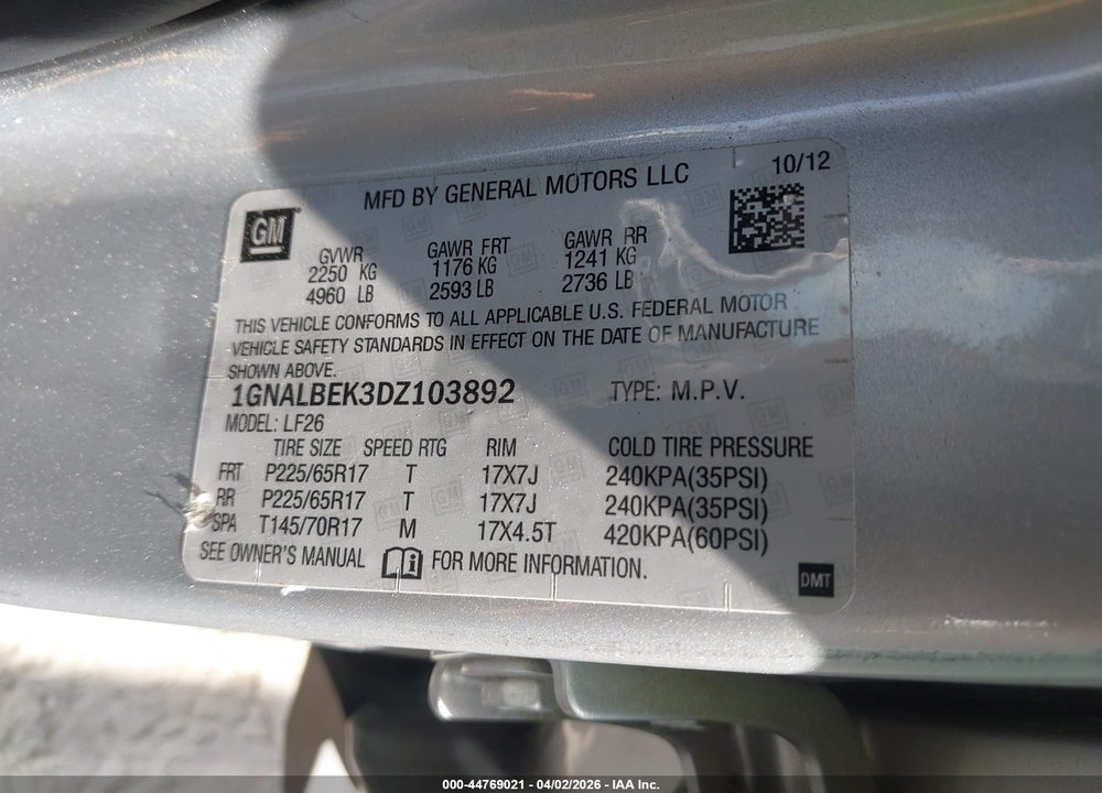 2013 CHEVROLET EQUINOX LS VIN: 1GNALBEK3DZ103892