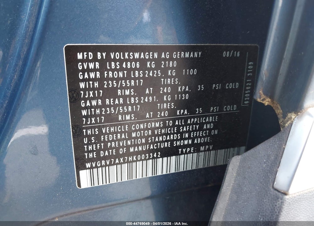 2017 VOLKSWAGEN TIGUAN 2.0T WOLFSBURG EDITION VIN: WVGRV7AX7HK003342