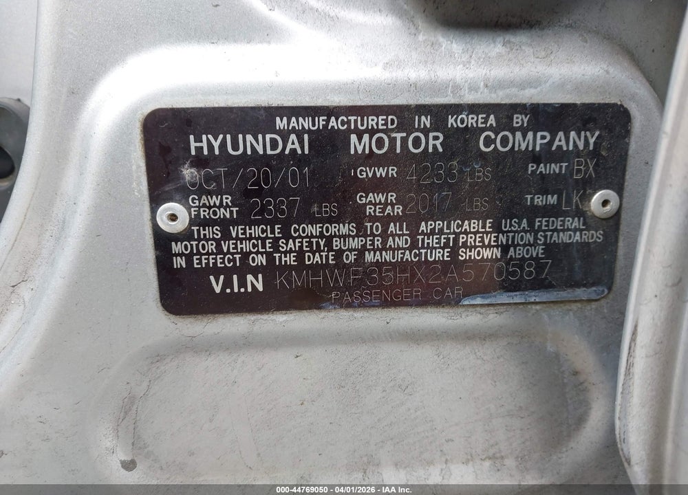 2002 HYUNDAI SONATA GLS/LX VIN: KMHWF35HX2A570587