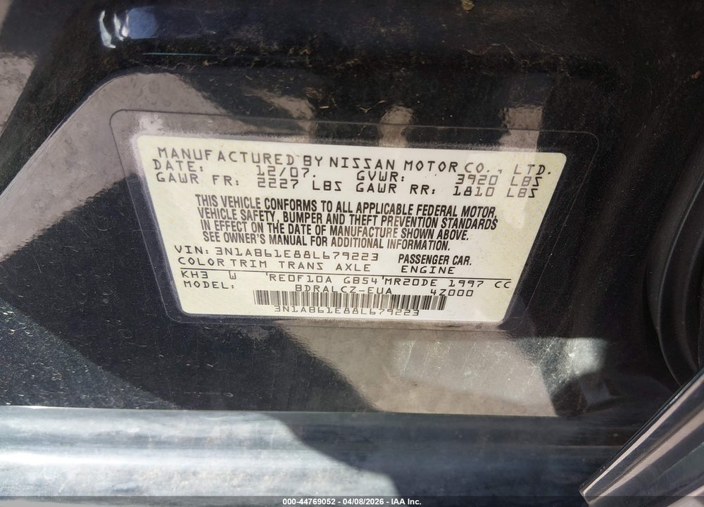 2008 NISSAN SENTRA 2.0 VIN: 3N1AB61E88L679223