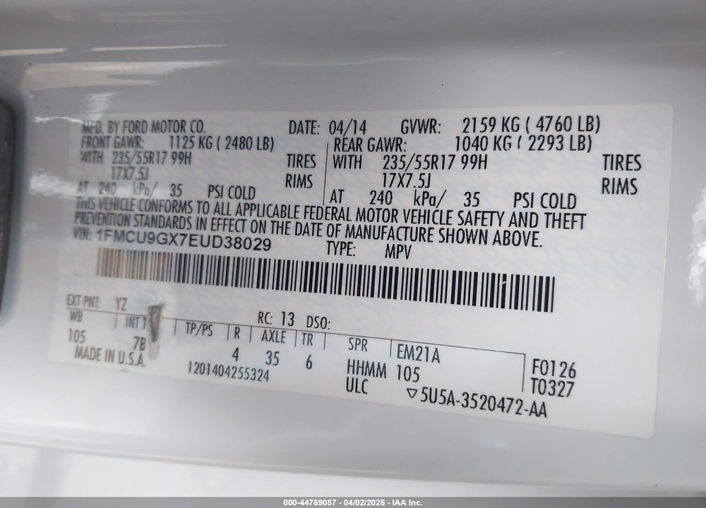 2014 FORD ESCAPE SE VIN: 1FMCU9GX7EUD38029