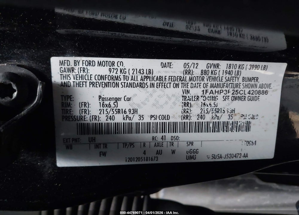 2012 FORD FOCUS SE VIN: 1FAHP3F25CL420886