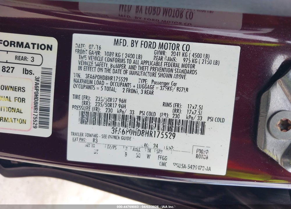 2017 FORD FUSION SE VIN: 3FA6P0HD8HR175529