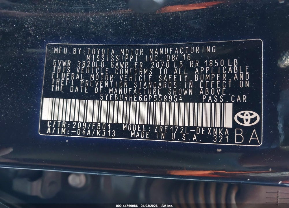 2016 TOYOTA COROLLA LE PLUS VIN: 5YFBURHE6GP558954