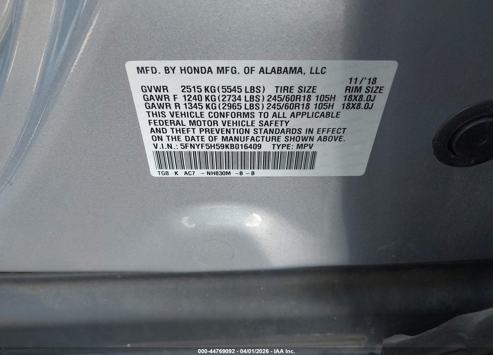 2019 HONDA PILOT EX-L VIN: 5FNYF5H59KB016409