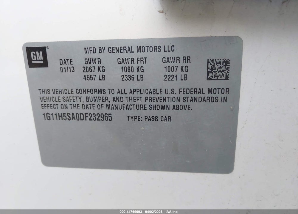 2013 CHEVROLET MALIBU 1LZ VIN: 1G11H5SA0DF232965