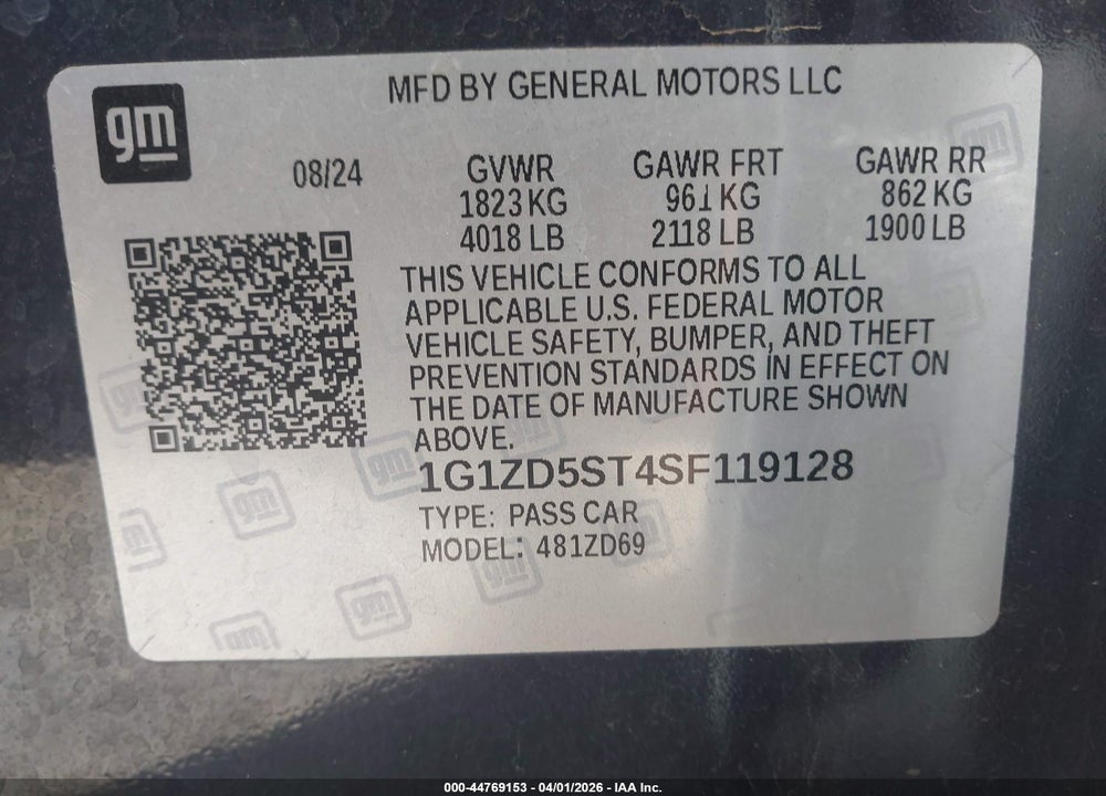 2025 CHEVROLET MALIBU FWD 1LT VIN: 1G1ZD5ST4SF119128