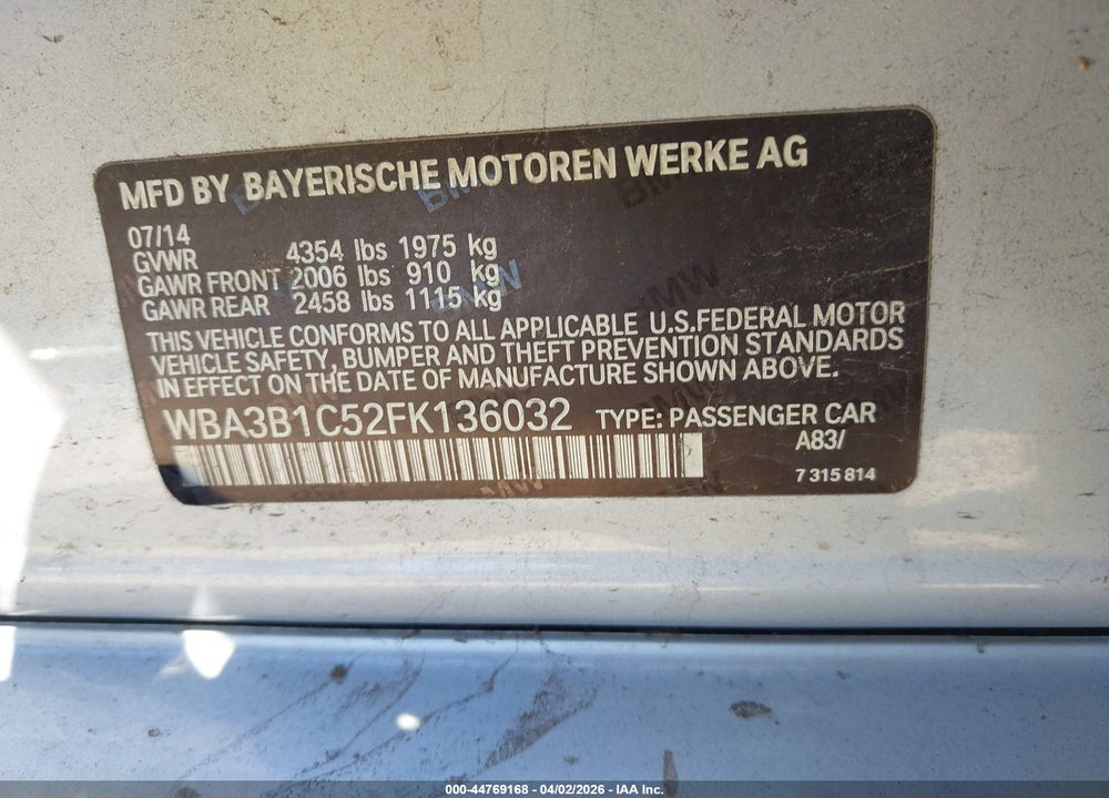 2015 BMW 320I VIN: WBA3B1C52FK136032