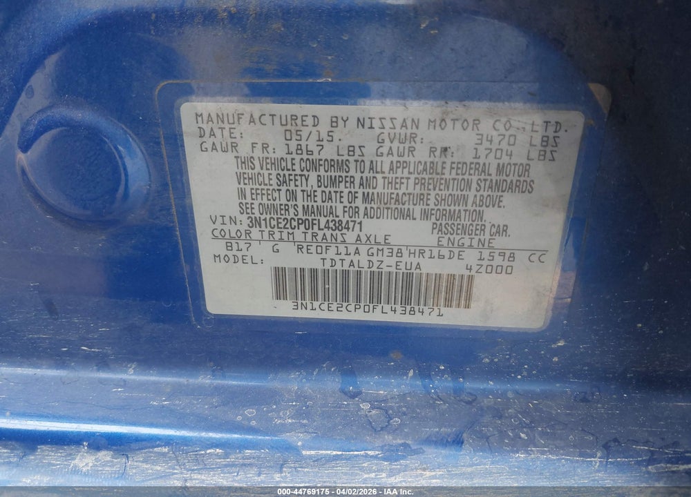 2015 NISSAN VERSA NOTE SV VIN: 3N1CE2CP0FL438471