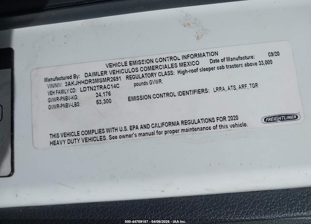 2021 FREIGHTLINER NEW CASCADIA 126 VIN: 3AKJHHDR3MSMR2691