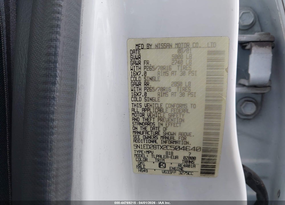 2002 NISSAN XTERRA XE VIN: 5N1ED28TX2C504640