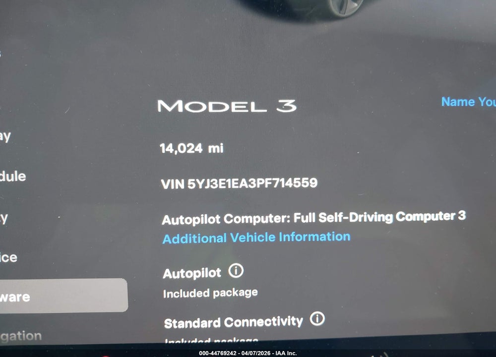2023 TESLA MODEL 3 REAR-WHEEL DRIVE VIN: 5YJ3E1EA3PF714559