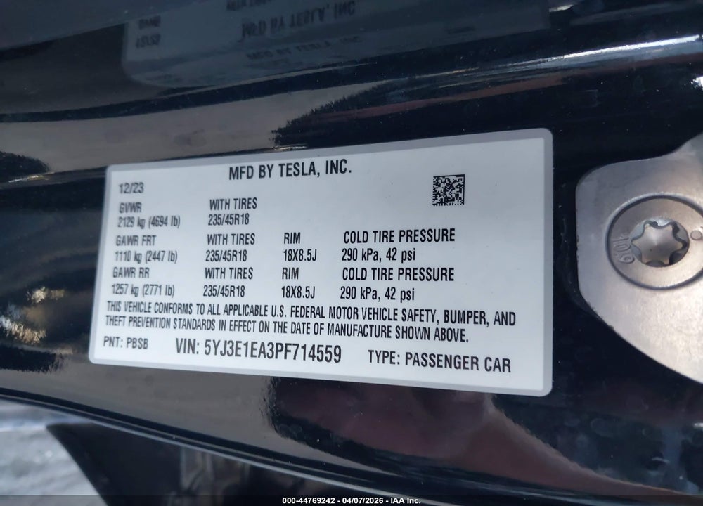 2023 TESLA MODEL 3 REAR-WHEEL DRIVE VIN: 5YJ3E1EA3PF714559
