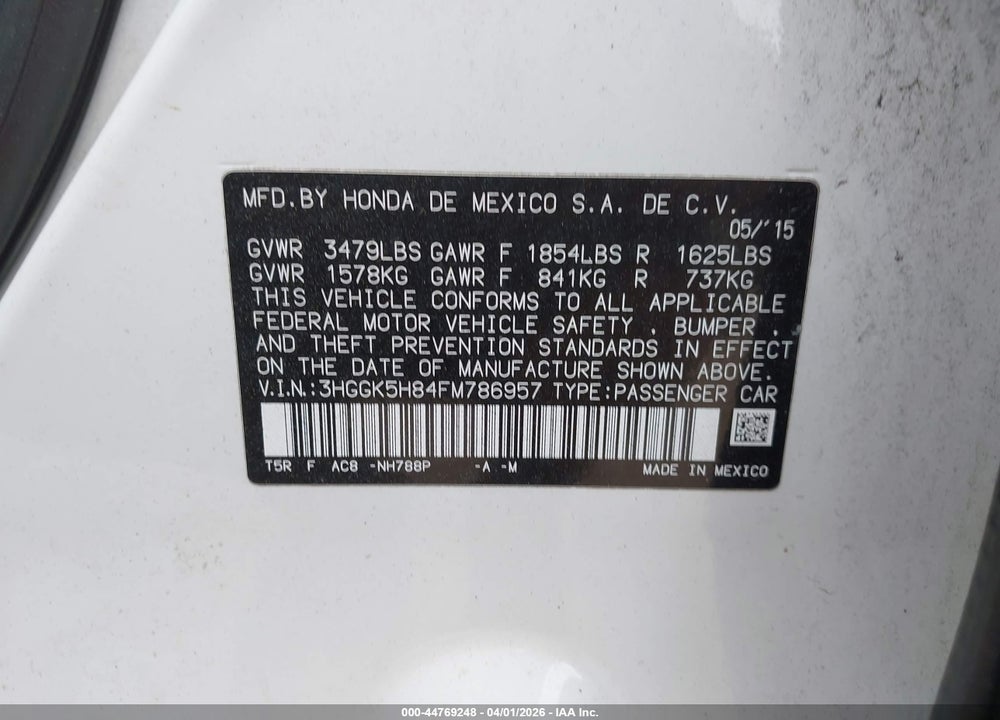 2015 HONDA FIT EX/EX-L VIN: 3HGGK5H84FM786957