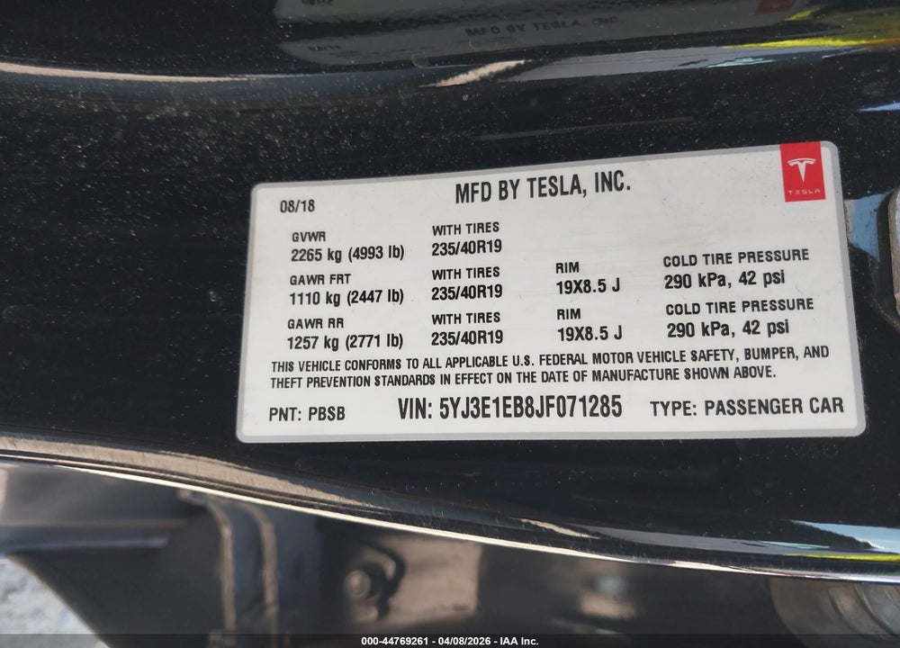 2018 TESLA MODEL 3 LONG RANGE/PERFORMANCE VIN: 5YJ3E1EB8JF071285