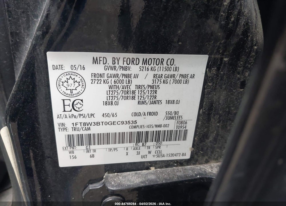 2016 FORD F-350 LARIAT VIN: 1FT8W3BT0GEC93535