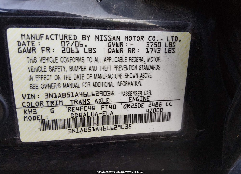 2006 NISSAN SENTRA SE-R VIN: 3N1AB51A46L629035
