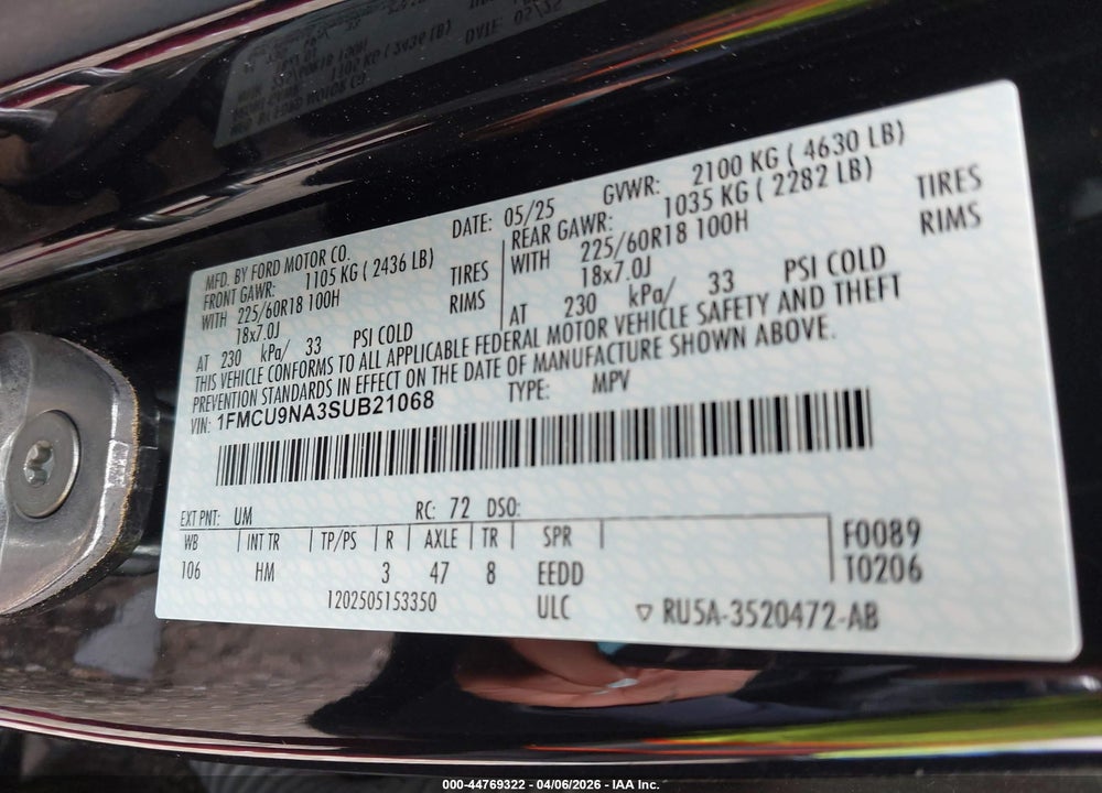 2025 FORD ESCAPE ST-LINE SELECT VIN: 1FMCU9NA3SUB21068