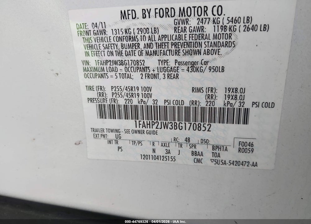 2011 FORD TAURUS LIMITED VIN: 1FAHP2JW3BG170852