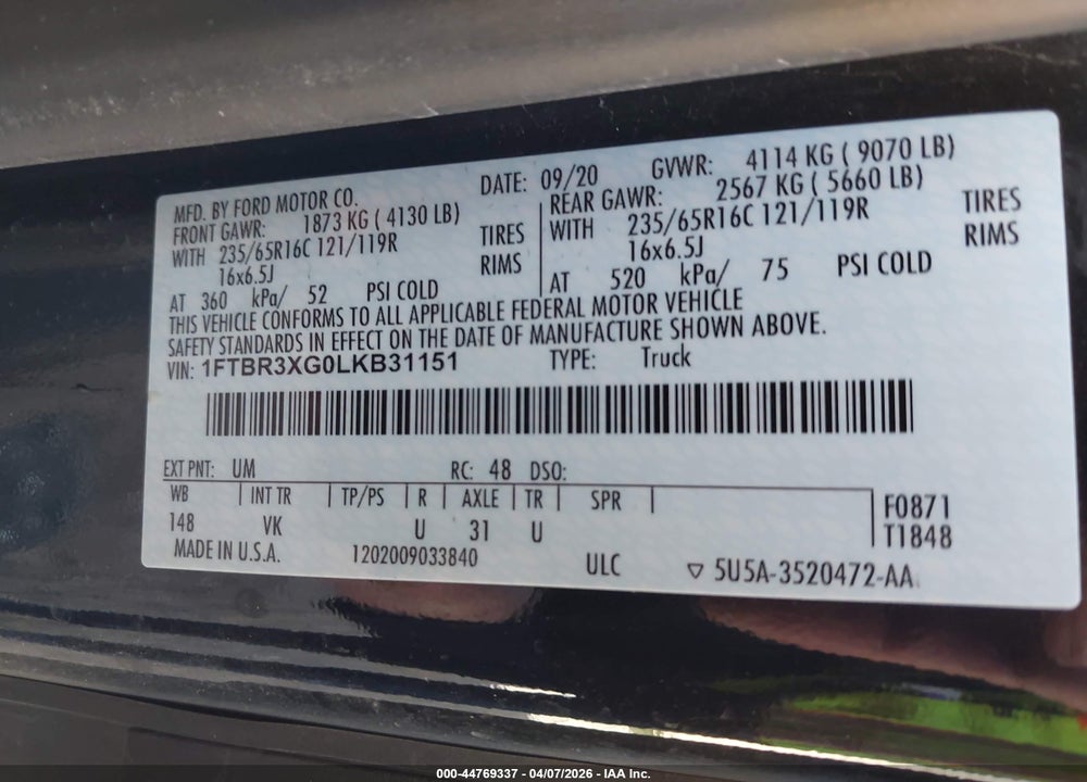 2020 FORD TRANSIT-250 CARGO VAN VIN: 1FTBR3XG0LKB31151