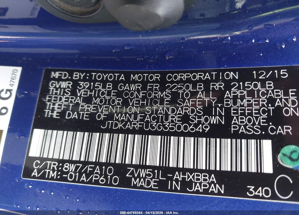 2016 TOYOTA PRIUS TWO ECO VIN: JTDKARFU3G3500649