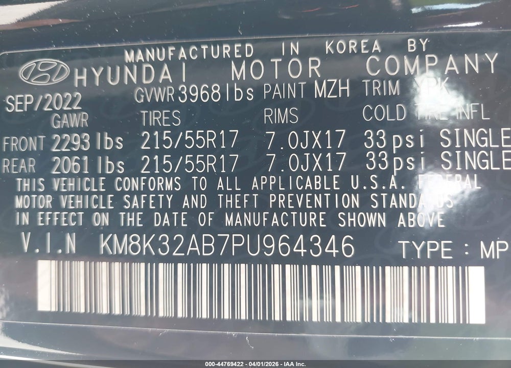 2023 HYUNDAI KONA SEL VIN: KM8K32AB7PU964346