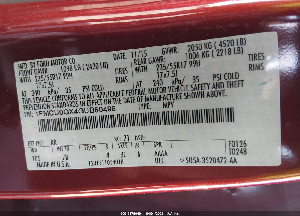2016 FORD ESCAPE SE VIN: 1FMCU0GX4GUB60496