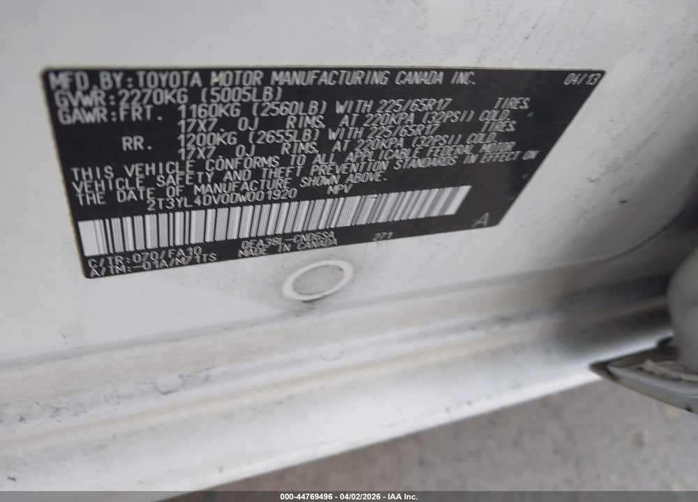 2013 TOYOTA RAV4 EV VIN: 2T3YL4DV0DW001920