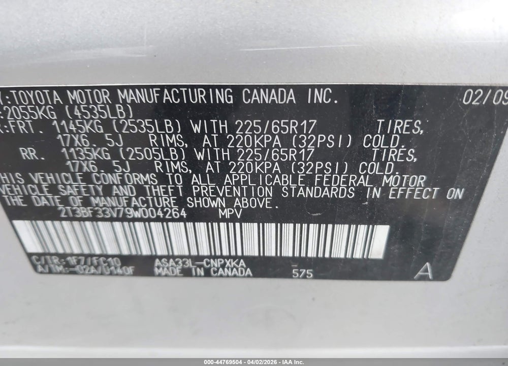 2009 TOYOTA RAV4 VIN: 2T3BF33V79W004264