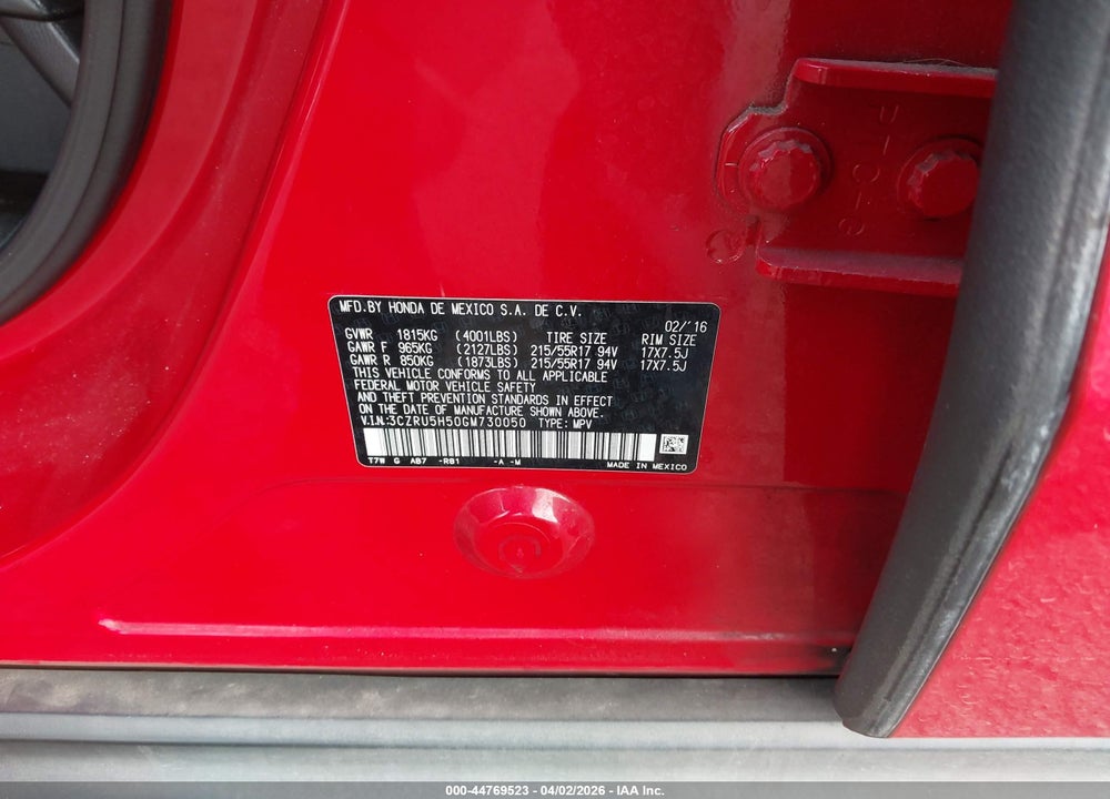 2016 HONDA HR-V EX VIN: 3CZRU5H50GM730050