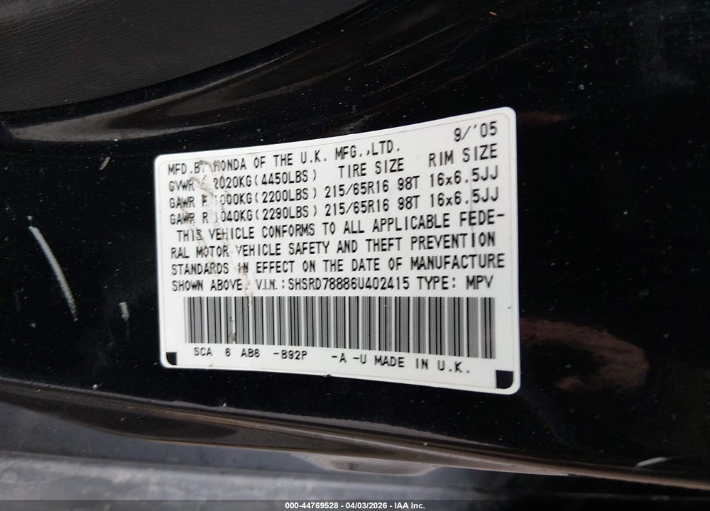 2006 HONDA CR-V EX VIN: SHSRD78886U402415