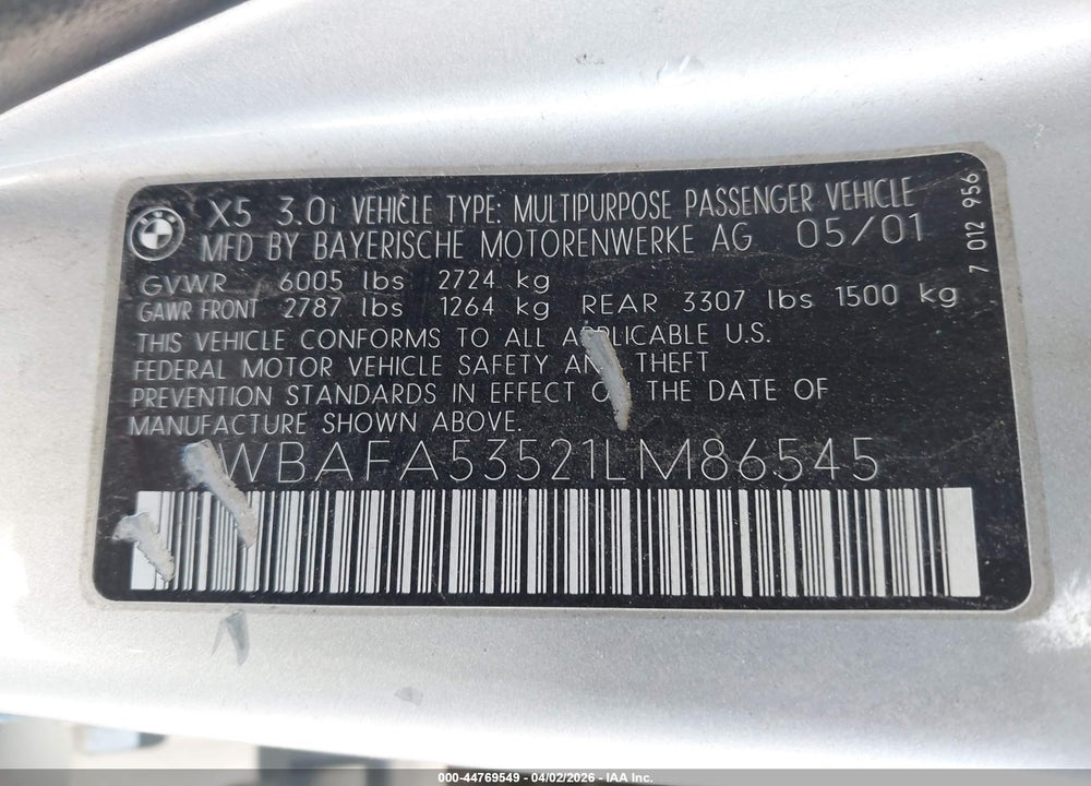 2001 BMW X5 3.0 VIN: WBAFA53521LM86545