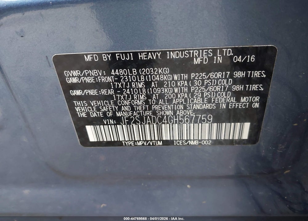 2016 SUBARU FORESTER 2.5I PREMIUM VIN: JF2SJADC4GH567759