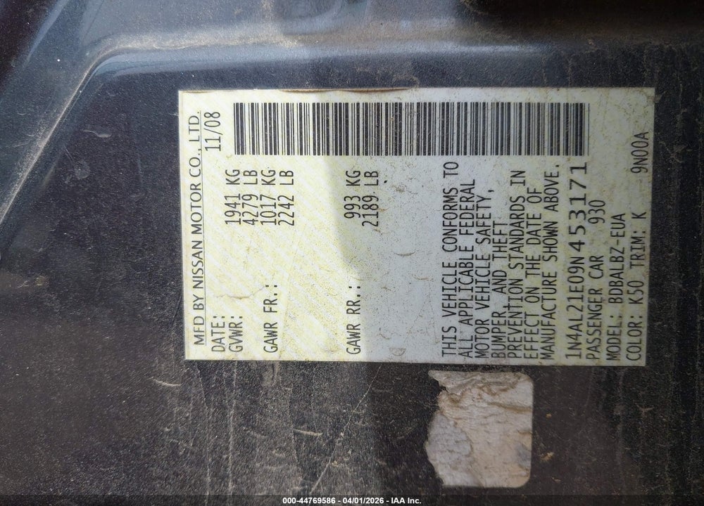 2009 NISSAN ALTIMA 2.5 S VIN: 1N4AL21E09N453171
