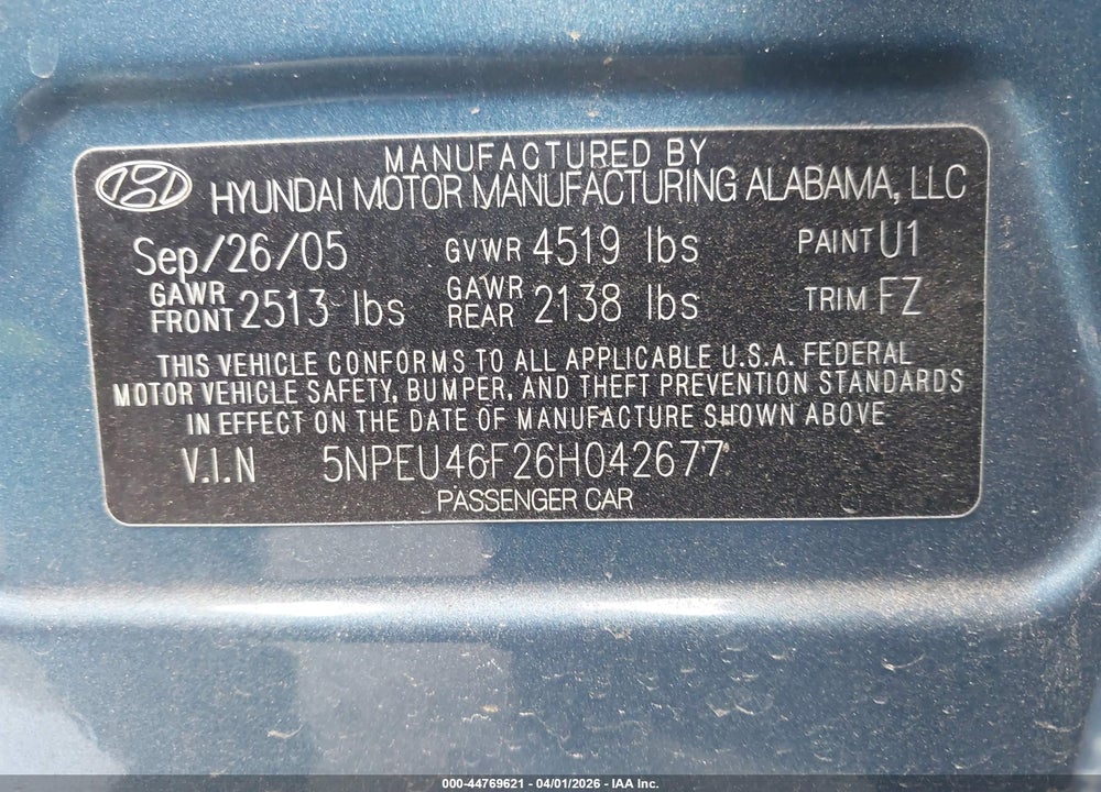 2006 HYUNDAI SONATA GLS V6/LX V6 VIN: 5NPEU46F26H042677