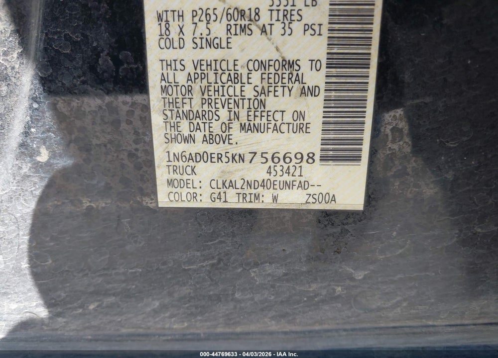 2019 NISSAN FRONTIER SV VIN: 1N6AD0ER5KN756698