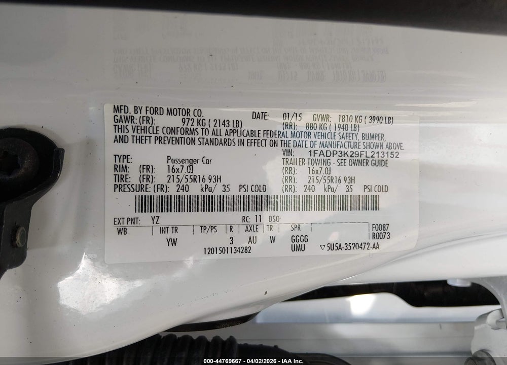 2015 FORD FOCUS VIN: 1FADP3K29FL213152