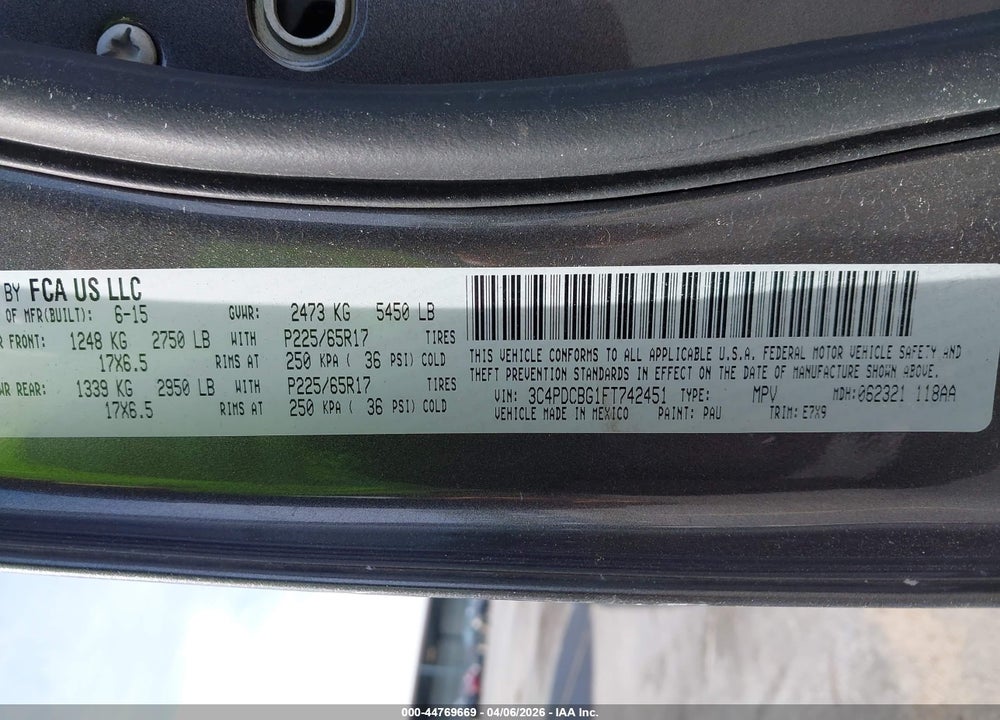 2015 DODGE JOURNEY SXT VIN: 3C4PDCBG1FT742451
