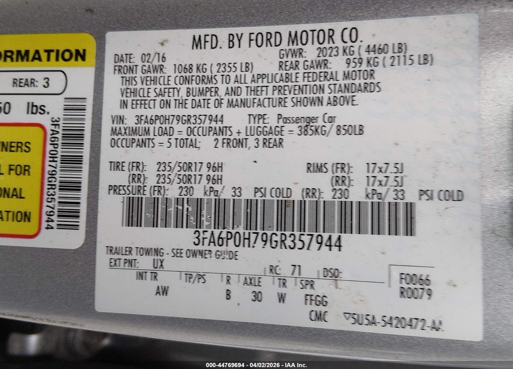 2016 FORD FUSION SE VIN: 3FA6P0H79GR357944