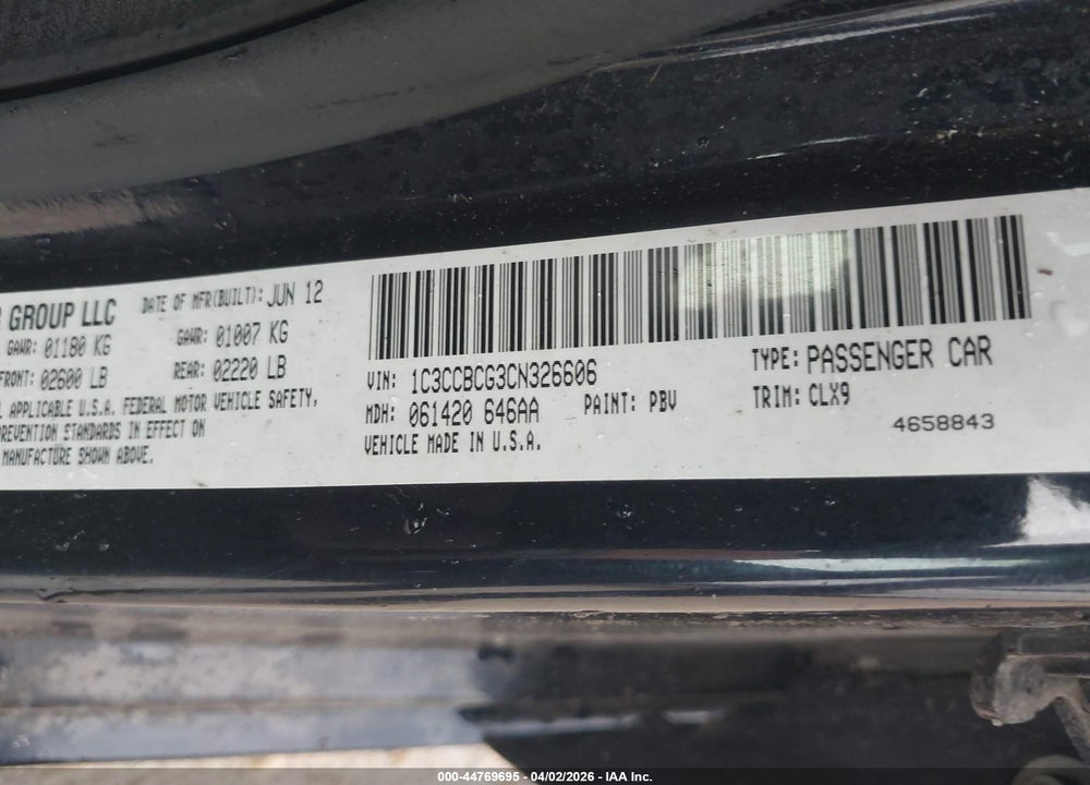 2012 CHRYSLER 200 LIMITED VIN: 1C3CCBCG3CN326606