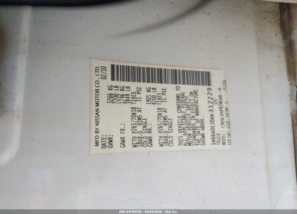 2010 NISSAN TITAN XE VIN: 1N6BA0EJ0AN312229
